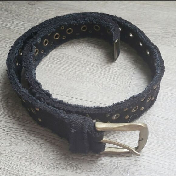 Free People Brass Studded Black Distressed Canvas Grommet Belt
